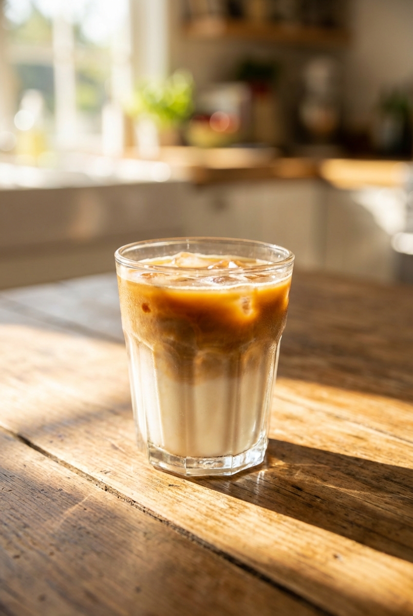 A small glass of iced coffee with milk on a wooden table in sunlight