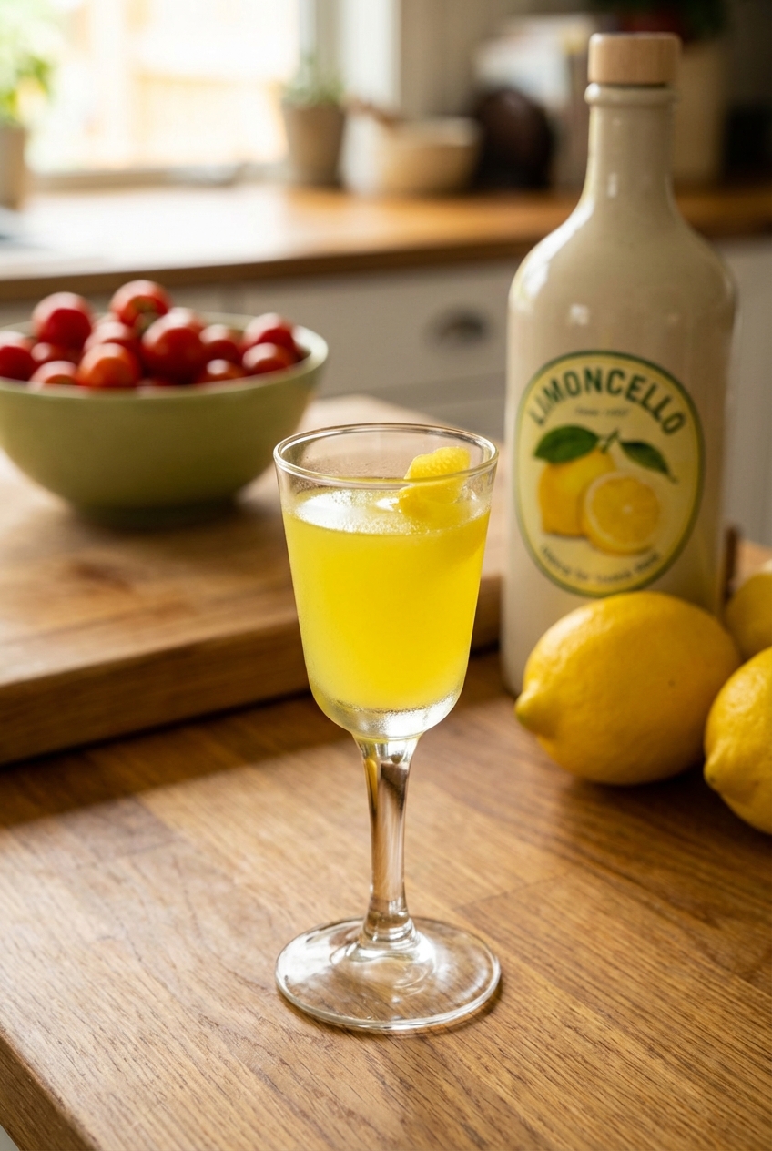 A small glass of limoncello on a kitchen counter