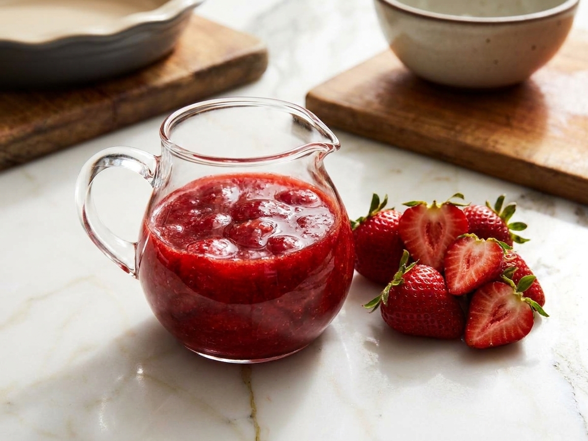 A small glass pitcher of glossy homemade strawberry sauce on a light kitchen counter with fresh strawberries nearby