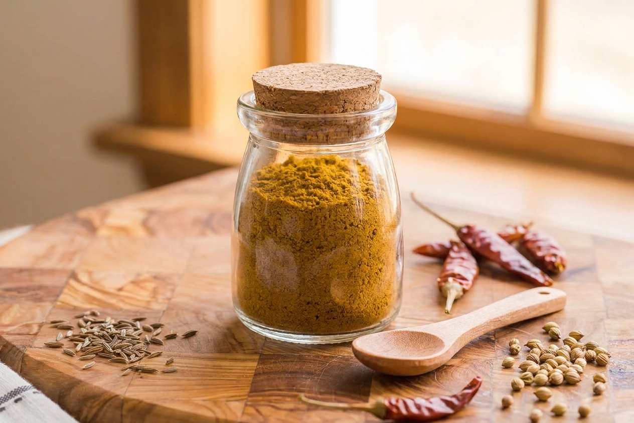 A small glass spice jar filled with homemade curry powder on a kitchen counter next to a spoon and scattered spices
