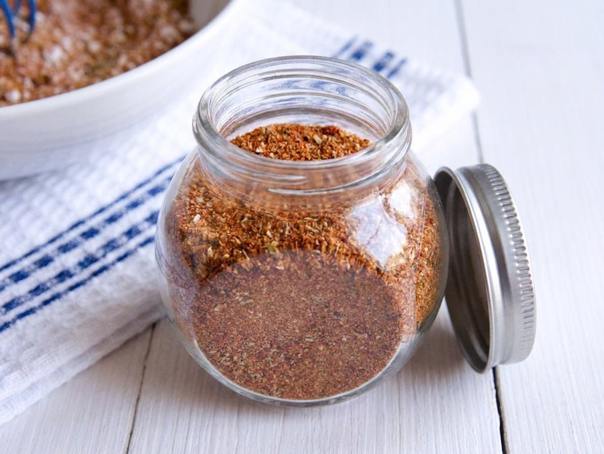 A small glass spice jar filled with reddish-brown taco seasoning on a kitchen counter next to a lid