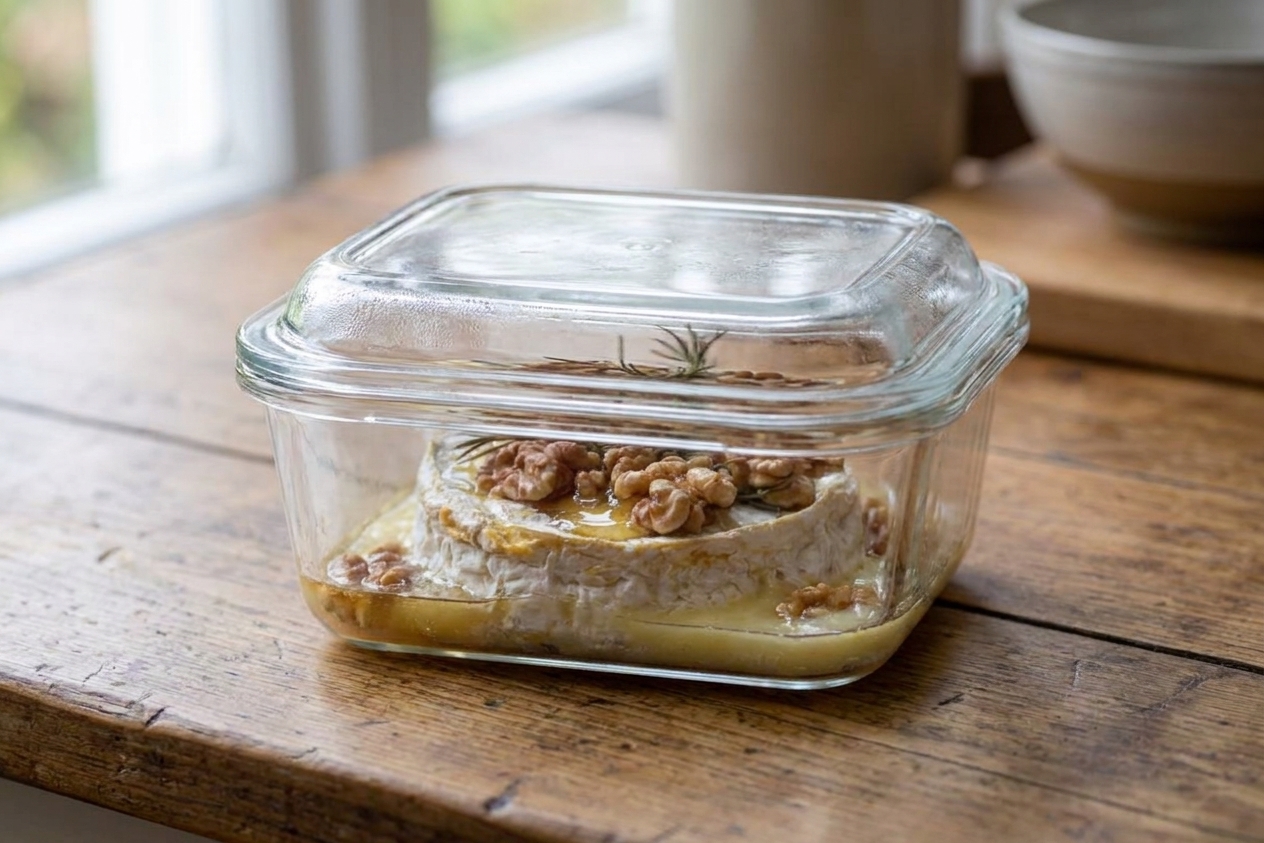 A small glass storage container holding leftover baked brie with walnuts and honey, covered with a lid on a kitchen counter