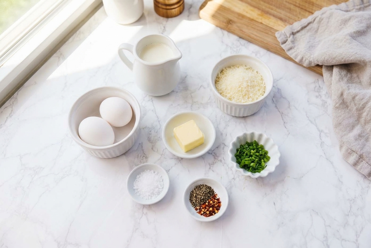A small group of ingredients for baked eggs on a bright kitchen counter including eggs, heavy cream, parmesan, butter, chives, salt, pepper, and red pepper flakes