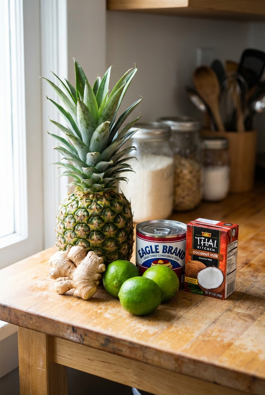 A small group of ingredients on a counter including limes, a piece of ginger, pineapple, a can of sweetened condensed milk, and a small carton of coconut milk