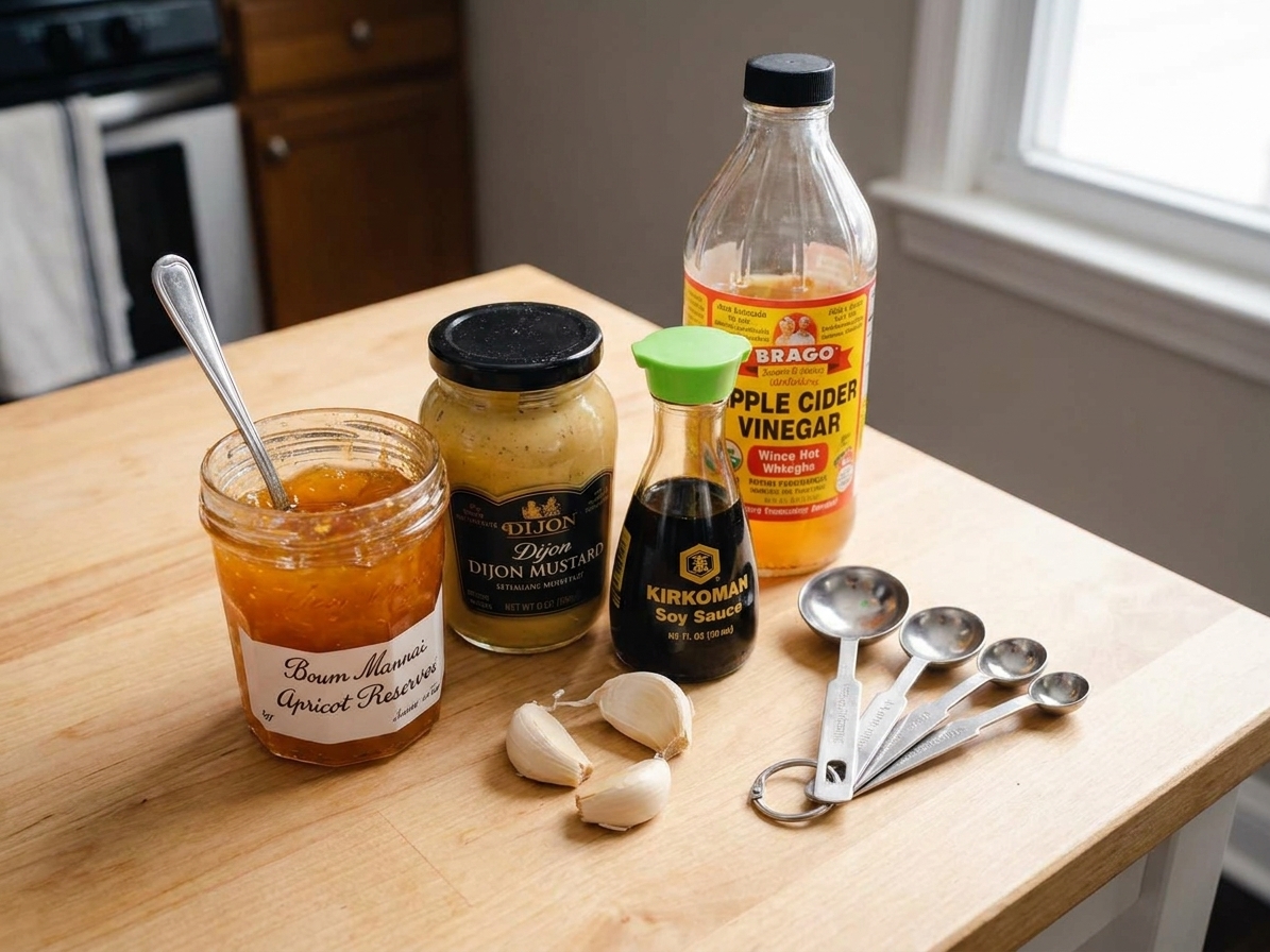 A small grouping of apricot preserves, Dijon mustard, garlic cloves, soy sauce, and apple cider vinegar arranged on a light kitchen counter with measuring spoons nearby