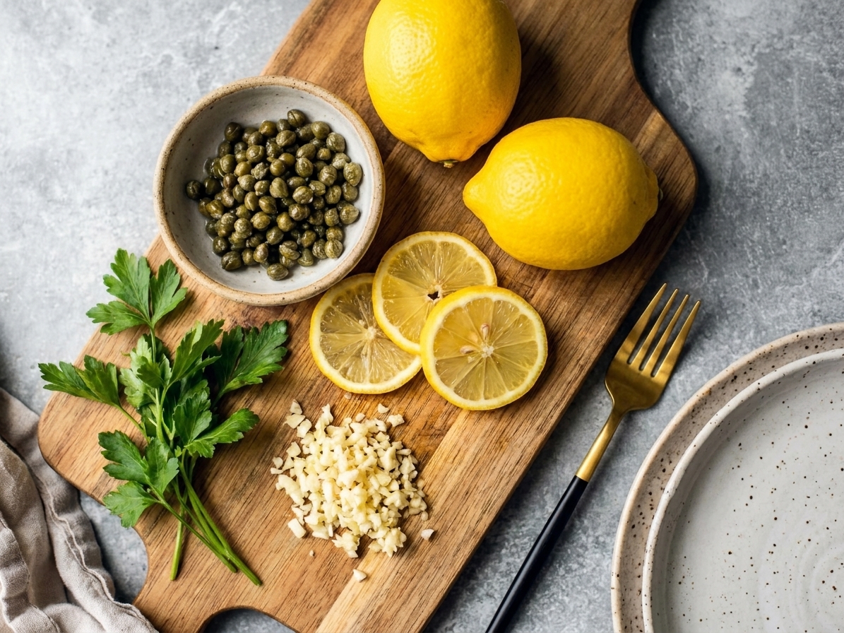 A small grouping of chicken piccata ingredients on a kitchen counter including lemons, a small bowl of capers, minced garlic, and fresh parsley on a cutting board