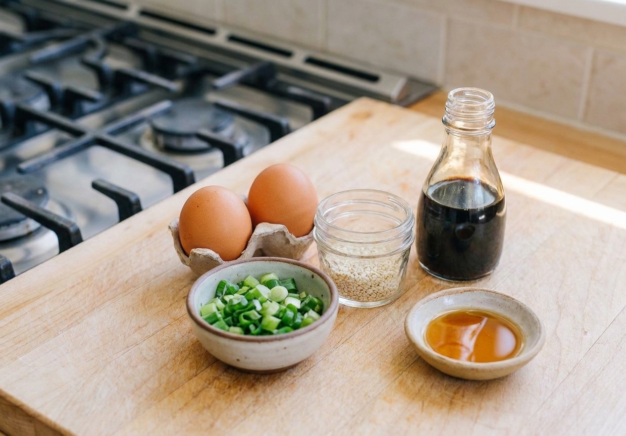 A small grouping of ingredients on a kitchen counter including eggs, sliced scallions, sesame seeds, soy sauce, and a small bowl of sesame oil