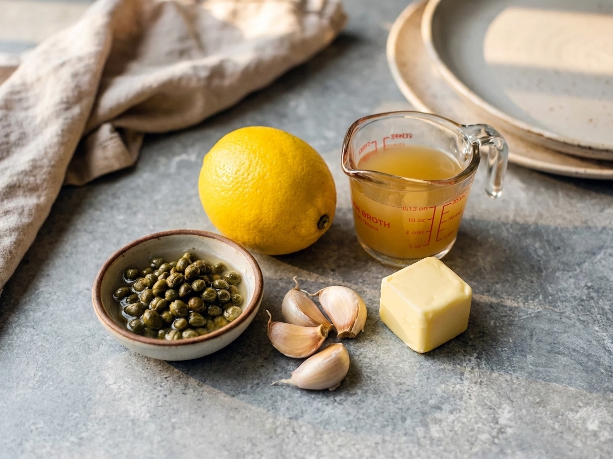 A small grouping of ingredients on a kitchen counter including a lemon, a small bowl of capers, garlic cloves, butter, and chicken broth ready for a pan sauce