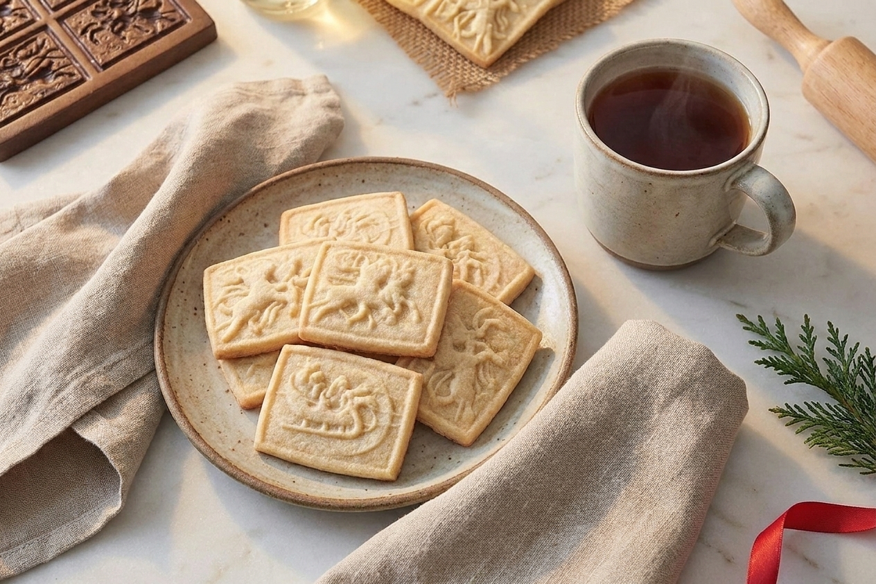 A small holiday table setting with a plate of Springerle cookies, a mug of tea, and simple linen napkins in warm natural light