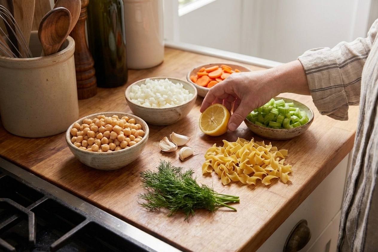 A small ingredient spread of canned chickpeas, diced onion, sliced carrots, sliced celery, garlic, lemon, dill, and dry noodles arranged on a clean kitchen counter under soft daylight