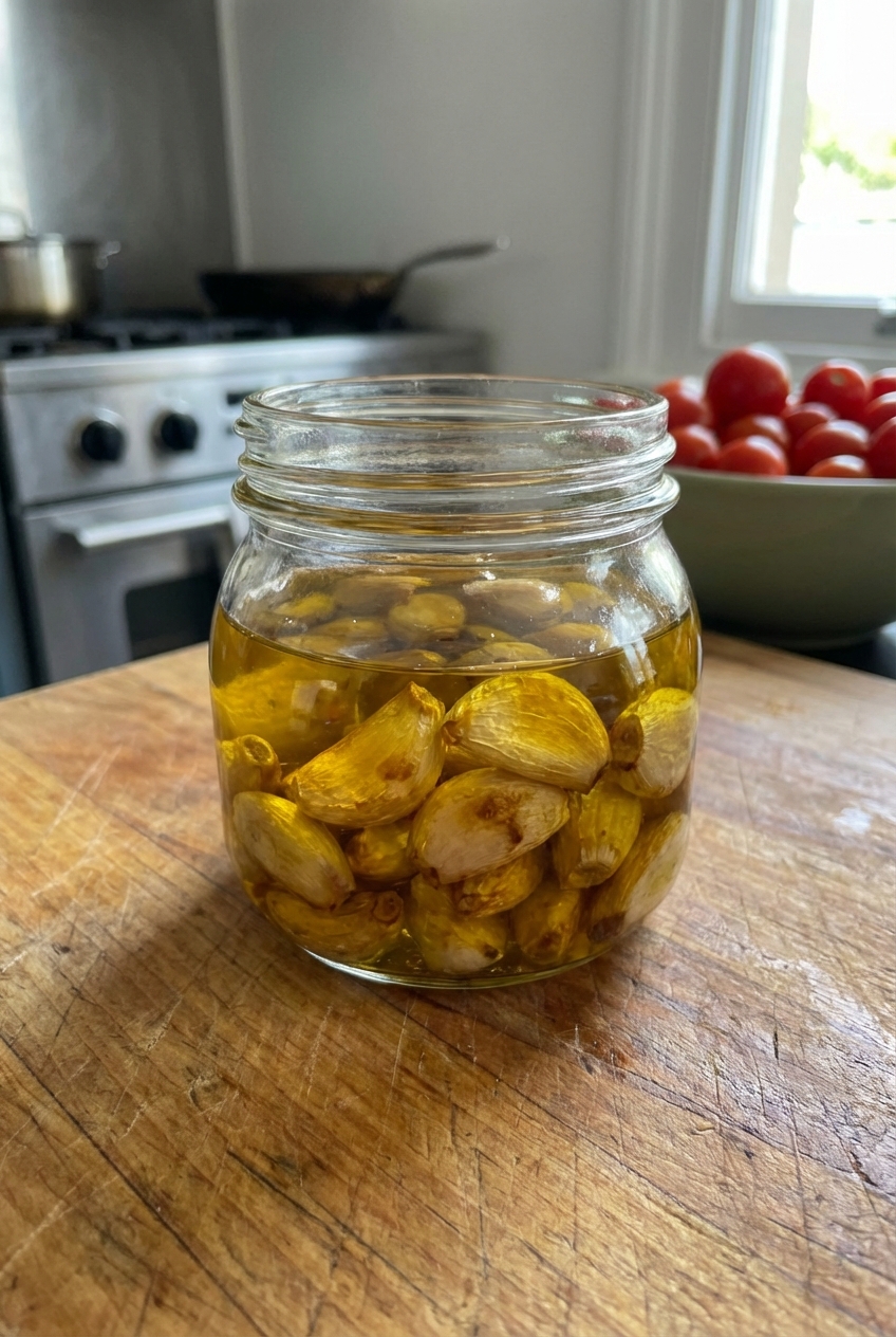 A small jar filled with roasted peeled garlic cloves submerged in olive oil on a kitchen counter