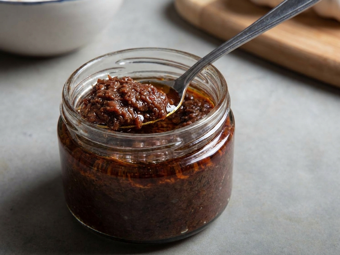A small jar of bagoong alamang with a spoon scooping out shrimp paste on a kitchen counter