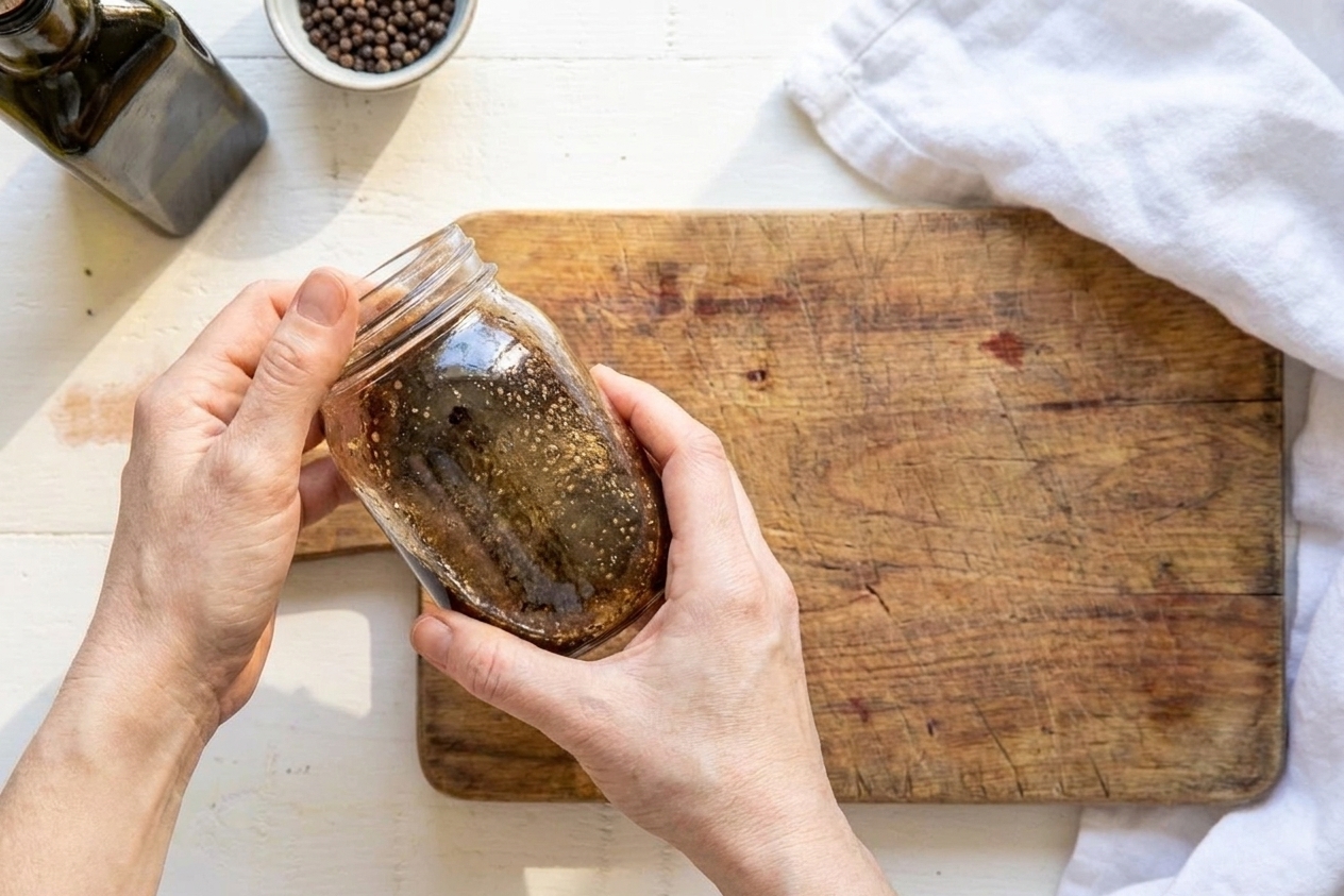 A small jar of balsamic honey dressing being shaken on a kitchen counter next to a cutting board