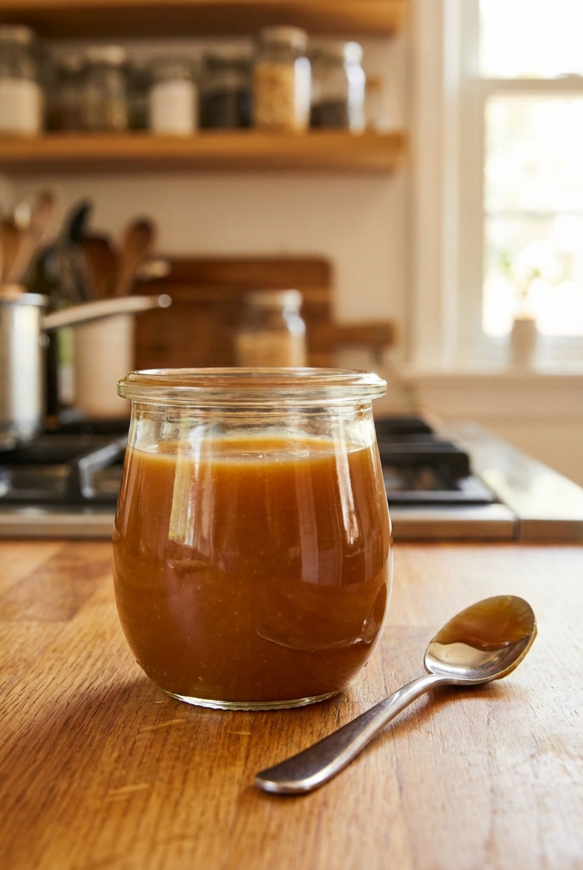 A small jar of caramel sauce with a spoon resting beside it