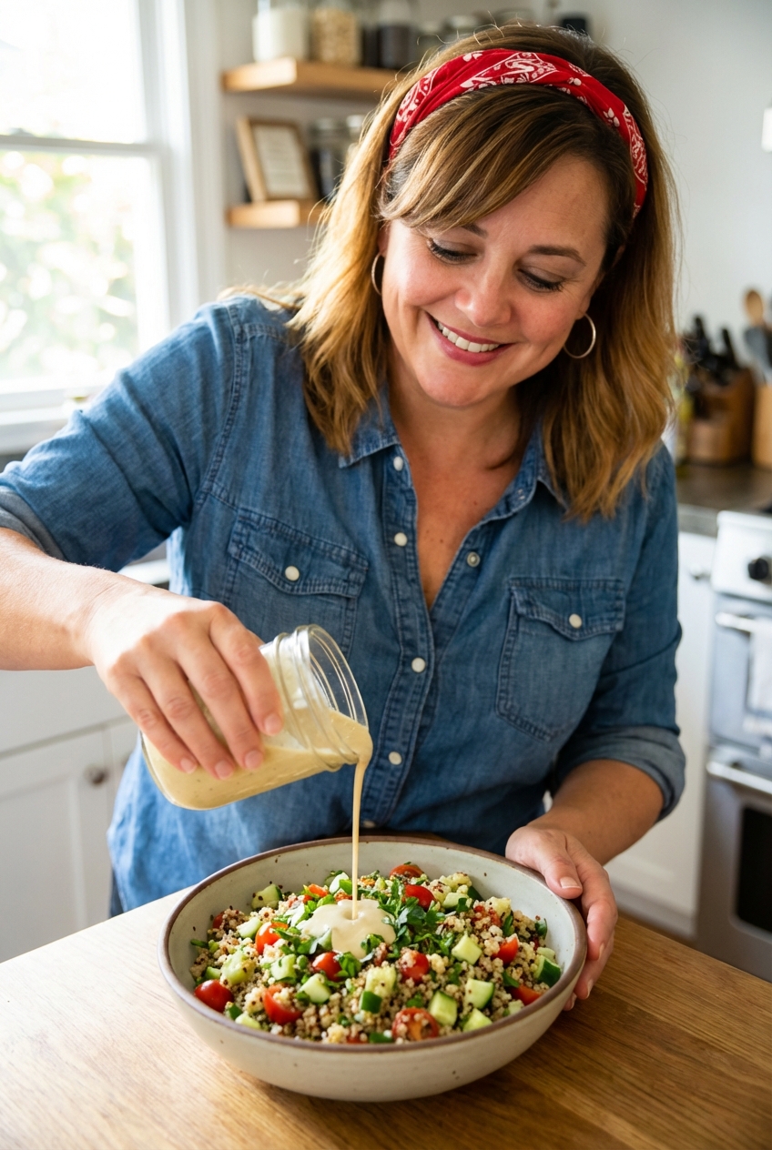 A small jar of creamy lemon tahini dressing being poured over a bowl of quinoa salad