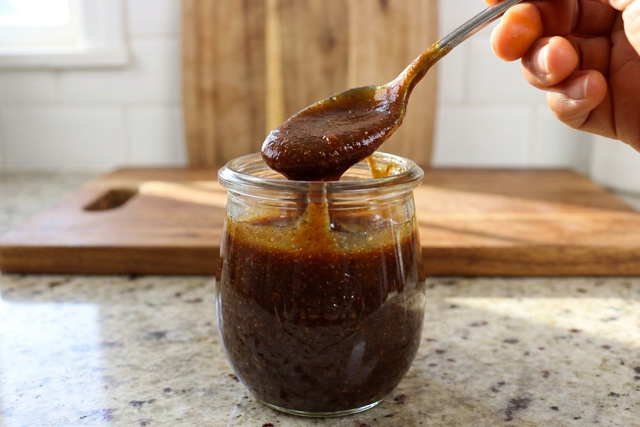 A small jar of date caramel with a spoonful lifted above it, sitting on a stone countertop