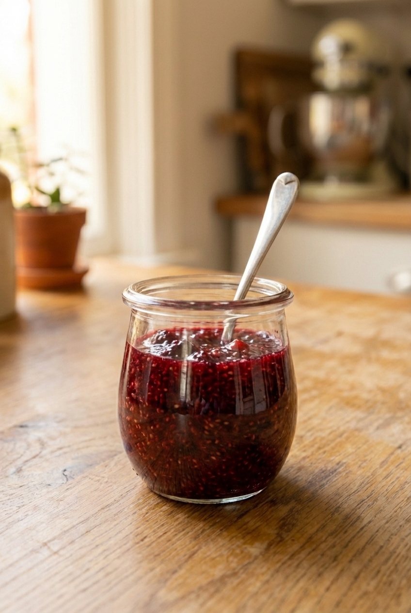 A small jar of glossy mixed berry chia jam on a kitchen counter with a spoon