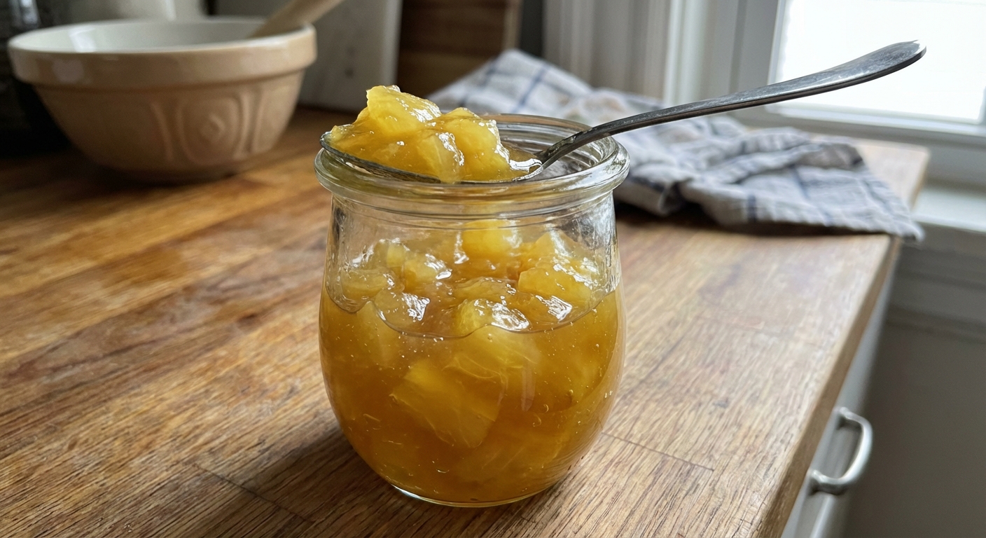 A small jar of glossy pineapple compote with a spoon