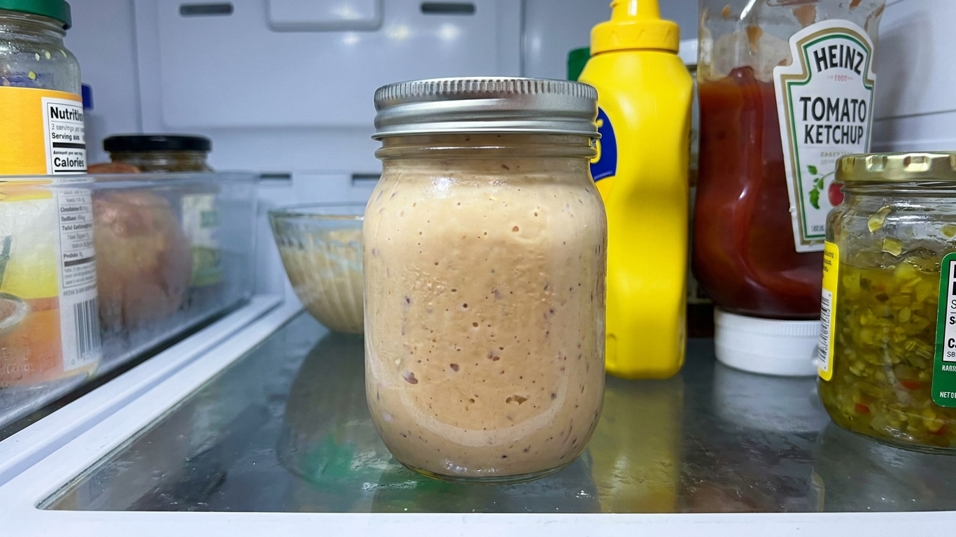 A small jar of homemade Thousand Island dressing with a lid on, sitting on a refrigerator shelf next to other condiments