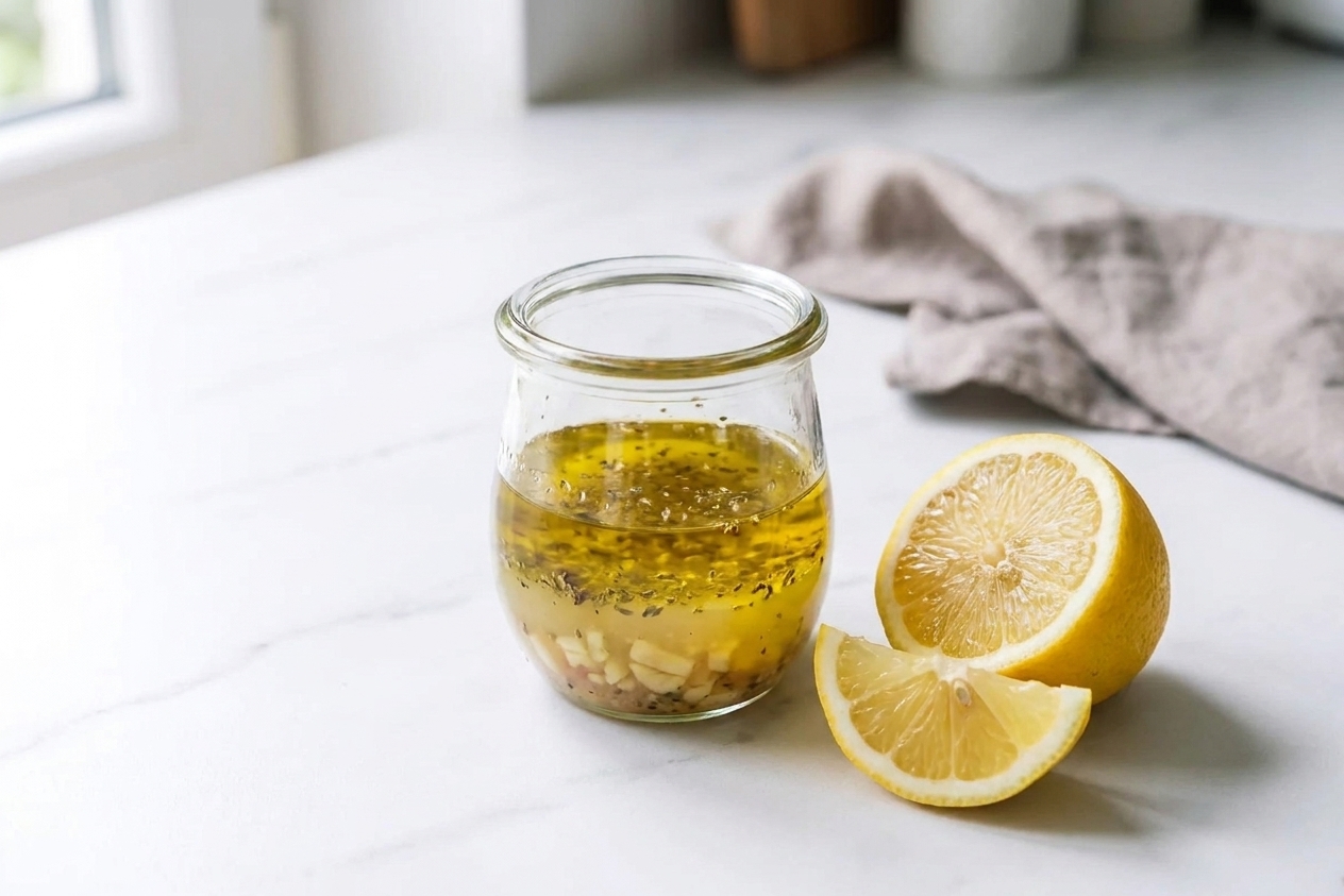 A small jar of lemon oregano vinaigrette with olive oil, lemon juice, garlic, and oregano visible, sitting next to a cut lemon