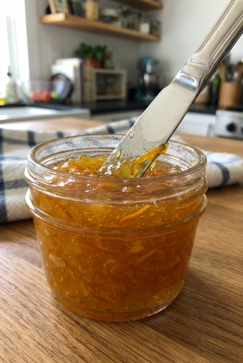 A small jar of orange marmalade with a butter knife