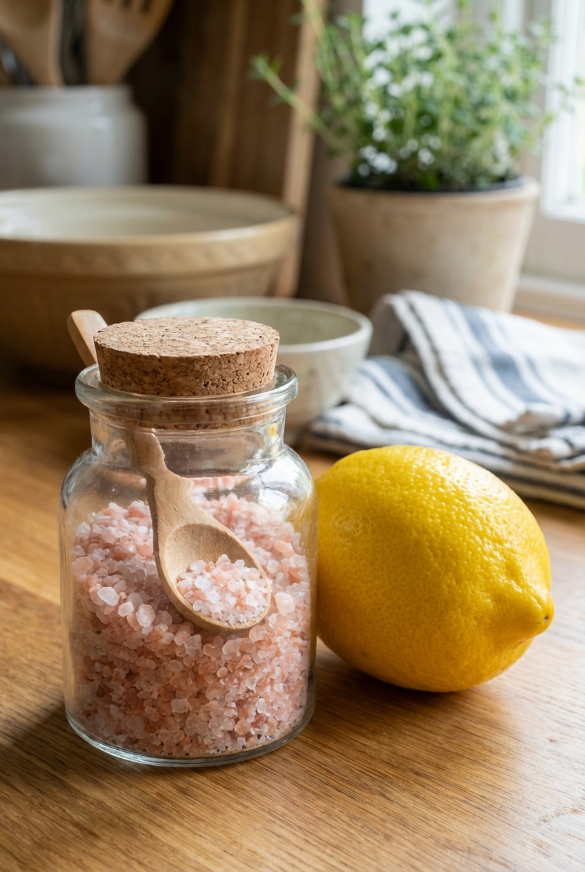 A small jar of pink Himalayan salt with a spoon beside a lemon on a kitchen counter