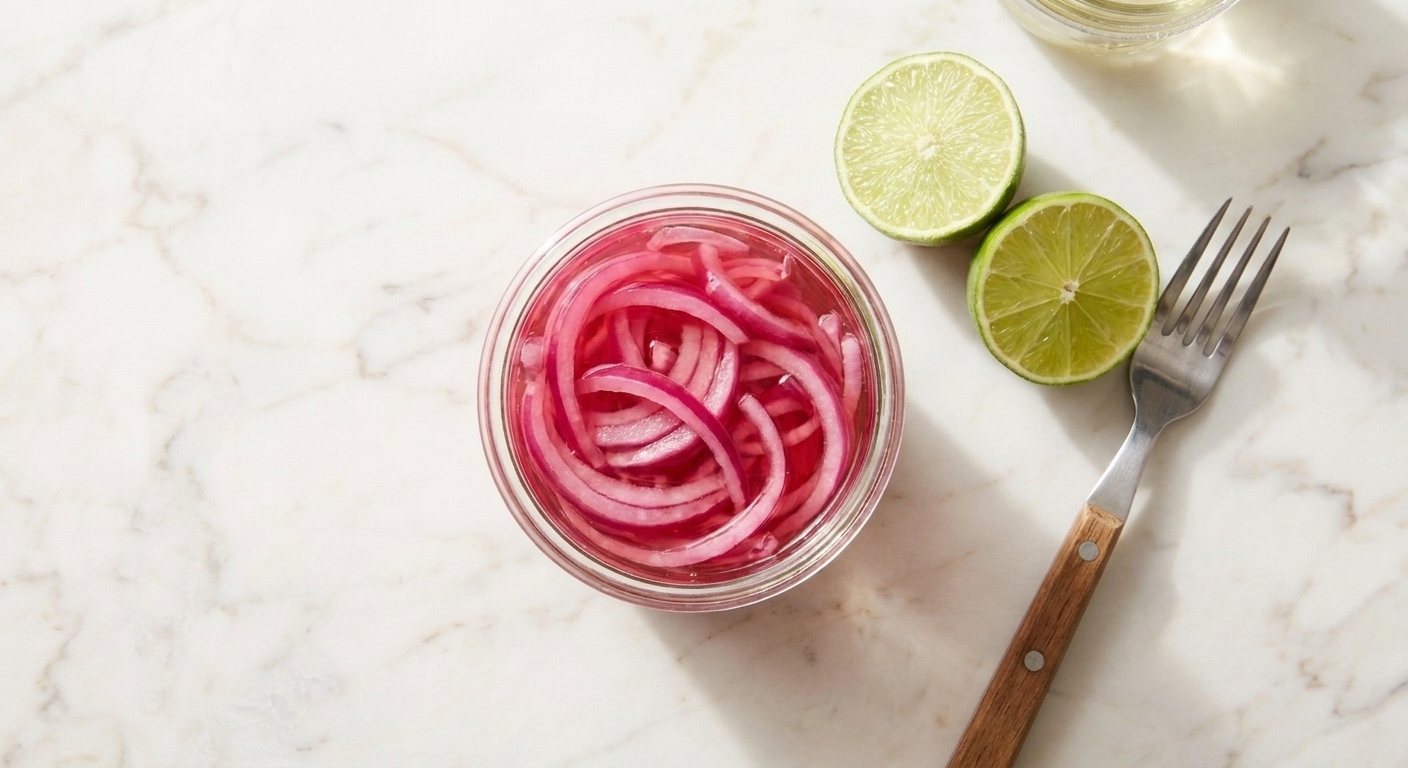A small jar of quick pickled red onions with lime halves and a fork on a kitchen counter, bright natural light