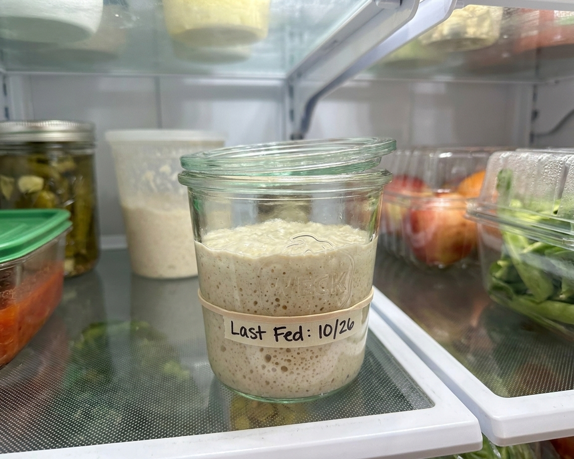 A small jar of sourdough starter on a refrigerator shelf with a loose lid and a label showing the last feeding date