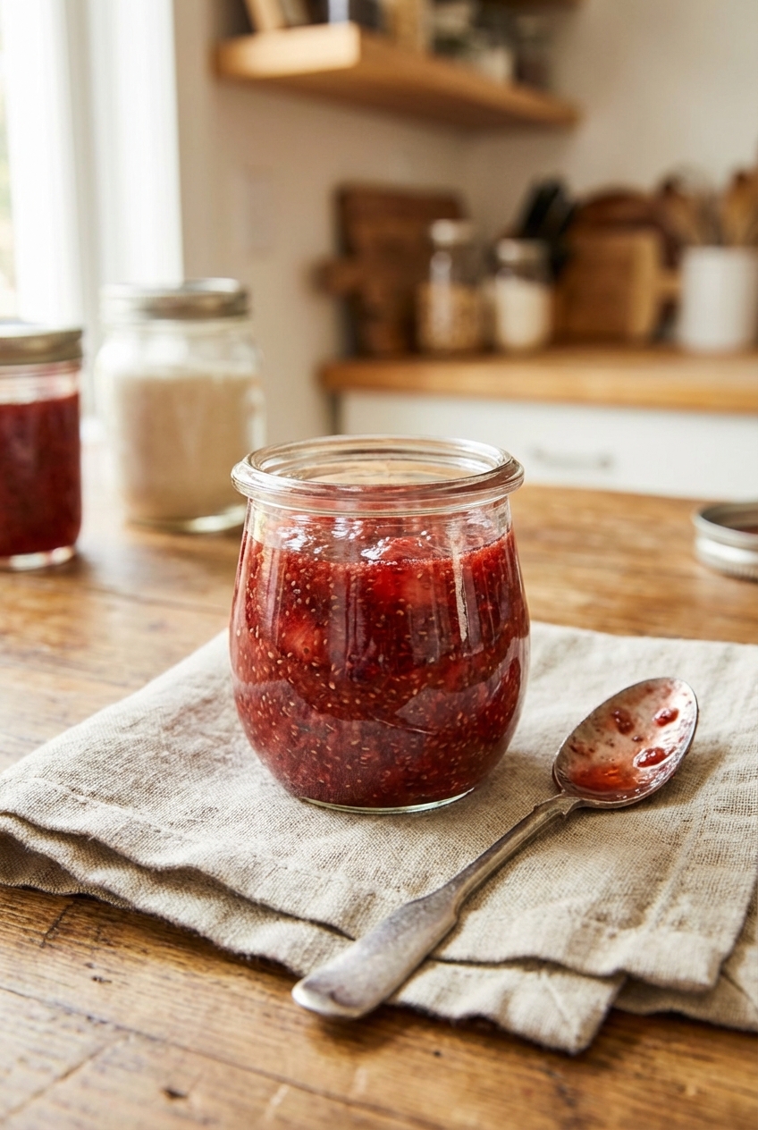 A small jar of strawberry chia jam with a spoon resting beside it on a linen napkin