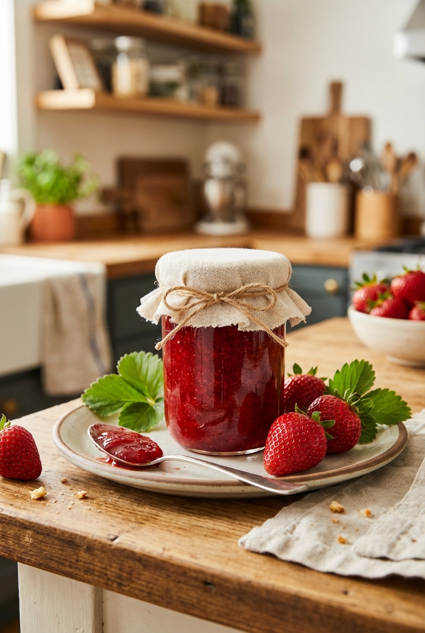 A small jar of strawberry jam with a spoon and fresh strawberries on a plate