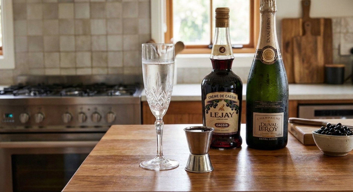 A small jigger filled with dark crème de cassis on a kitchen counter next to a chilled Champagne flute