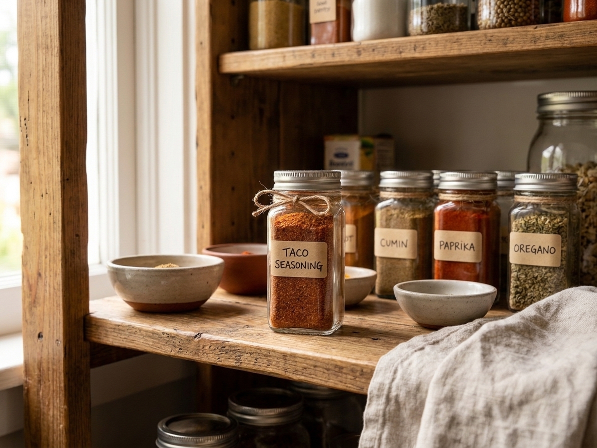 A small labeled glass spice jar sitting on a pantry shelf next to other seasonings