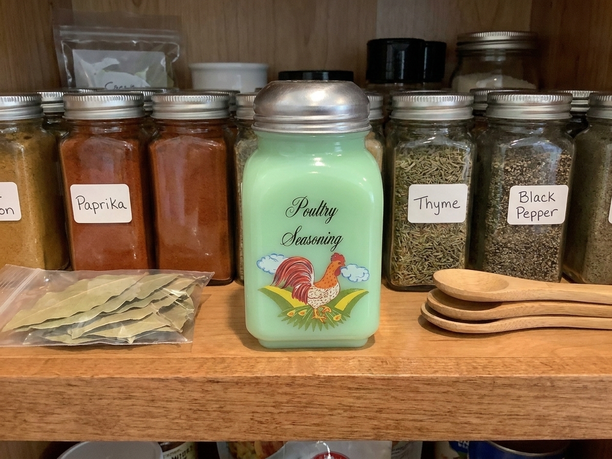 A small labeled spice jar of poultry seasoning sitting on a pantry shelf next to other spices