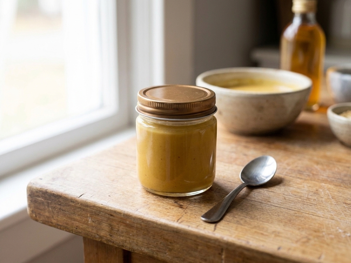 A small lidded jar filled with honey mustard sauce sitting on a kitchen counter beside a spoon, ready to store