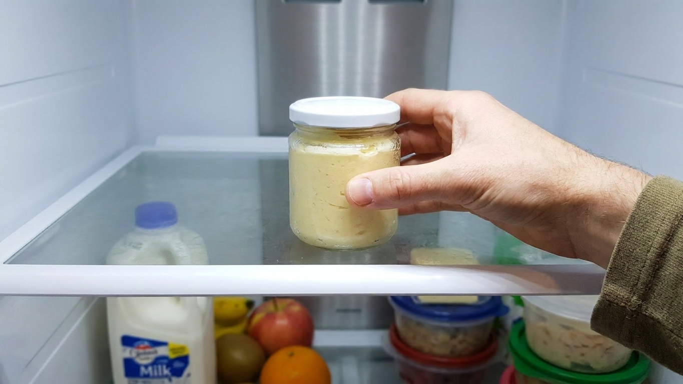 A small lidded jar of whipped maple butter sitting on a refrigerator shelf
