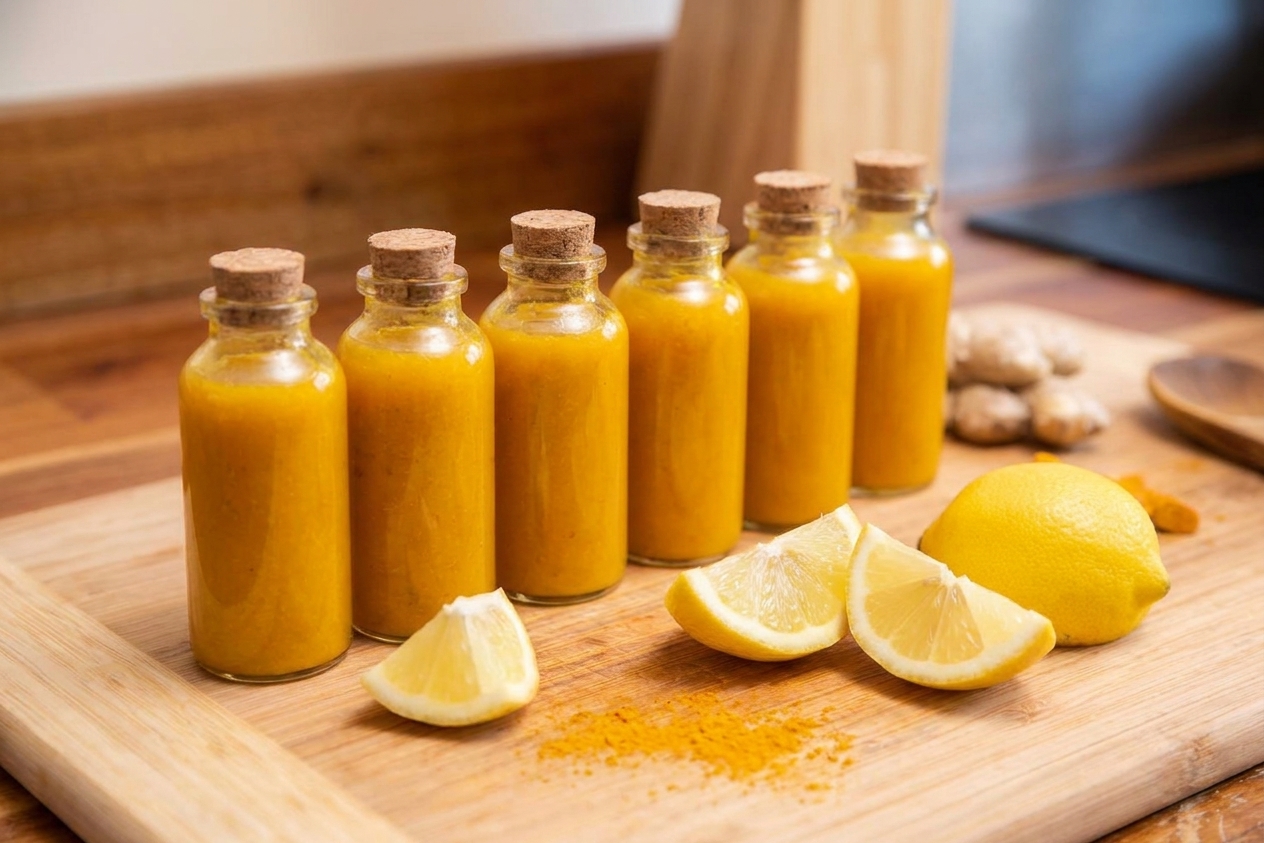 A small lineup of golden ginger turmeric immunity shots in clear glasses on a bright kitchen counter with lemon halves and fresh ginger nearby