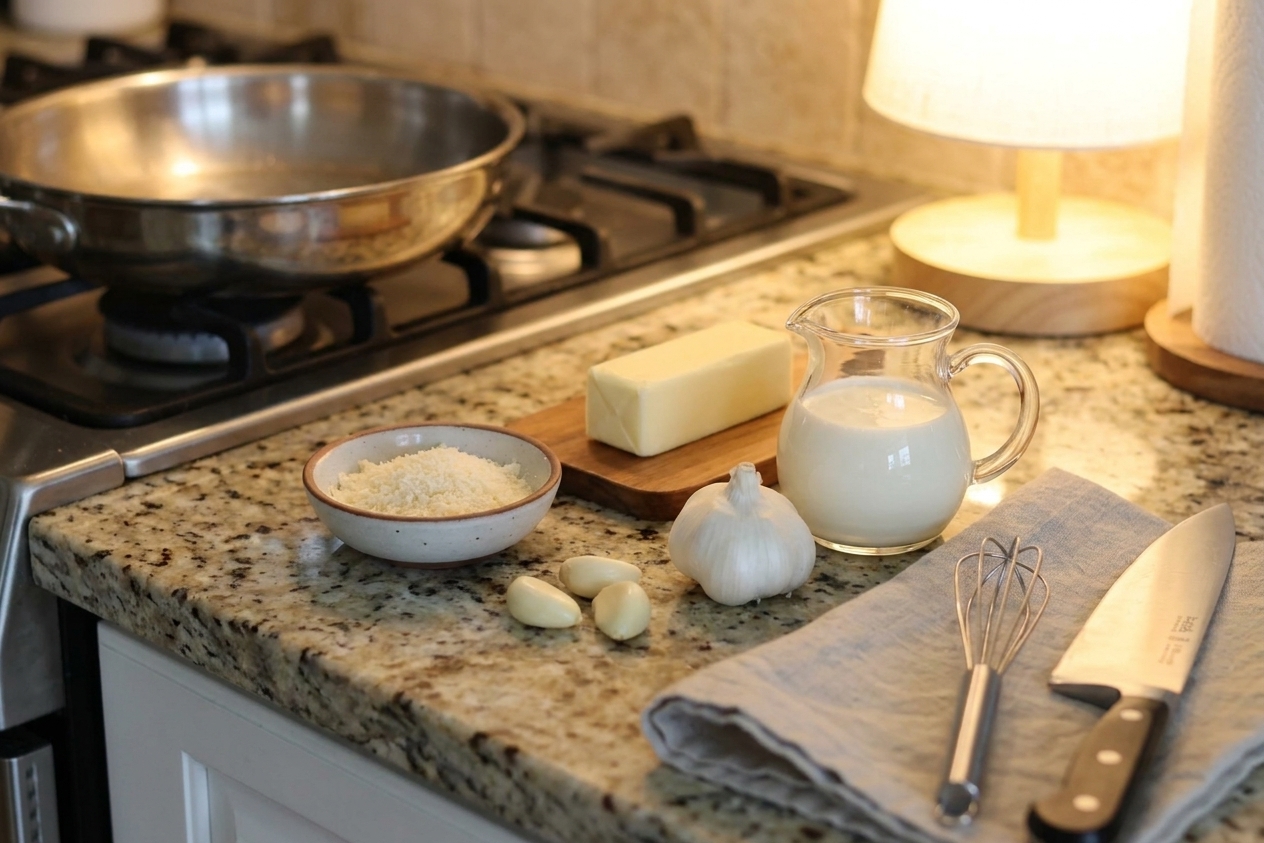 A small lineup of ingredients for Alfredo sauce including grated Parmesan, garlic cloves, butter, and cream arranged on a light kitchen counter