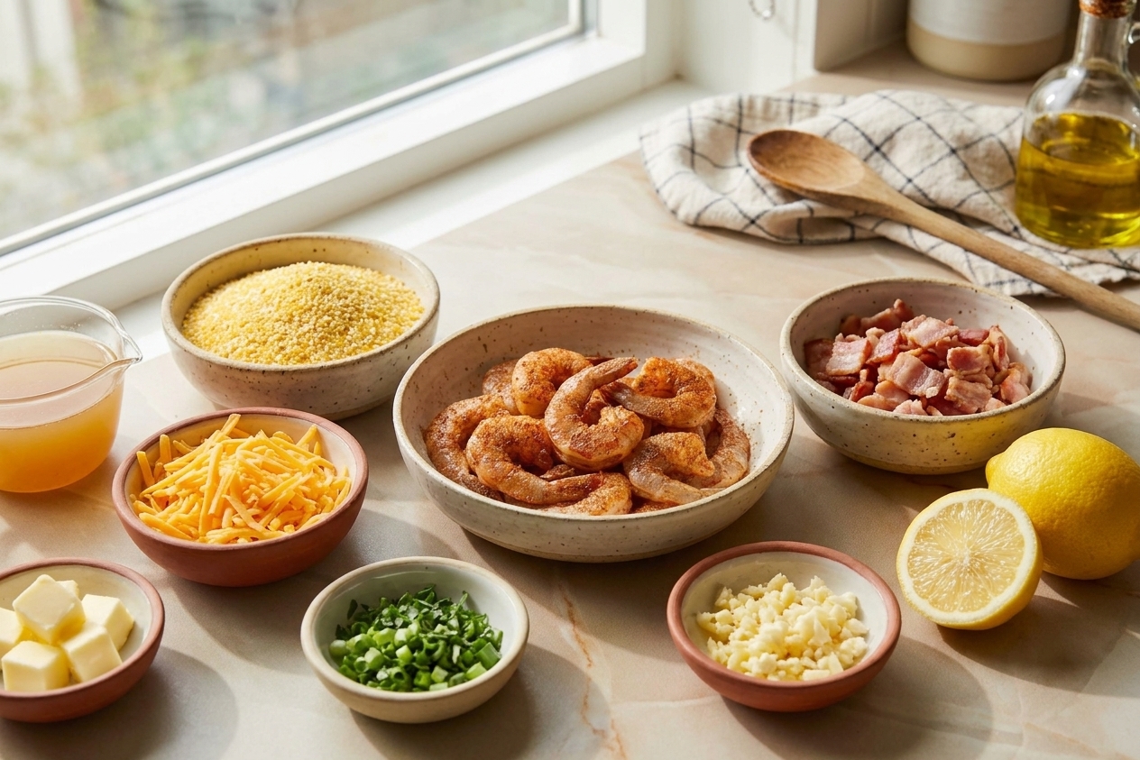 A small lineup of ingredients for shrimp and grits on a kitchen counter, including stone-ground grits, shrimp, bacon, cheddar, scallions, lemon, garlic, butter, and broth in simple bowls
