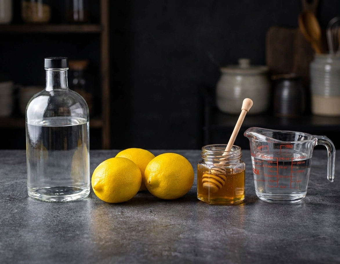 A small lineup of ingredients on a kitchen counter: a bottle of gin, fresh lemons, a small jar of honey, and a glass measuring cup of water