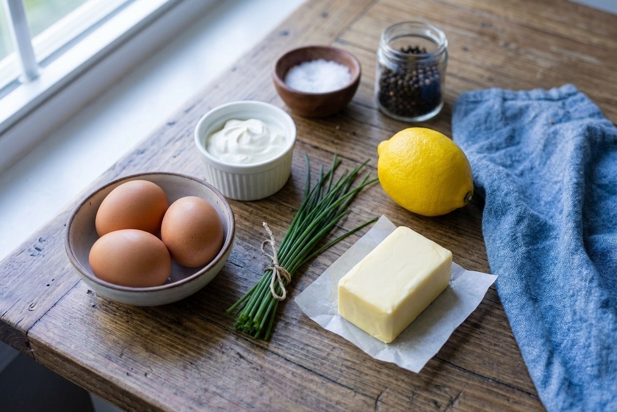 A small lineup of ingredients on a kitchen counter including eggs, crème fraîche, a bunch of chives, a lemon, butter, salt, and black pepper