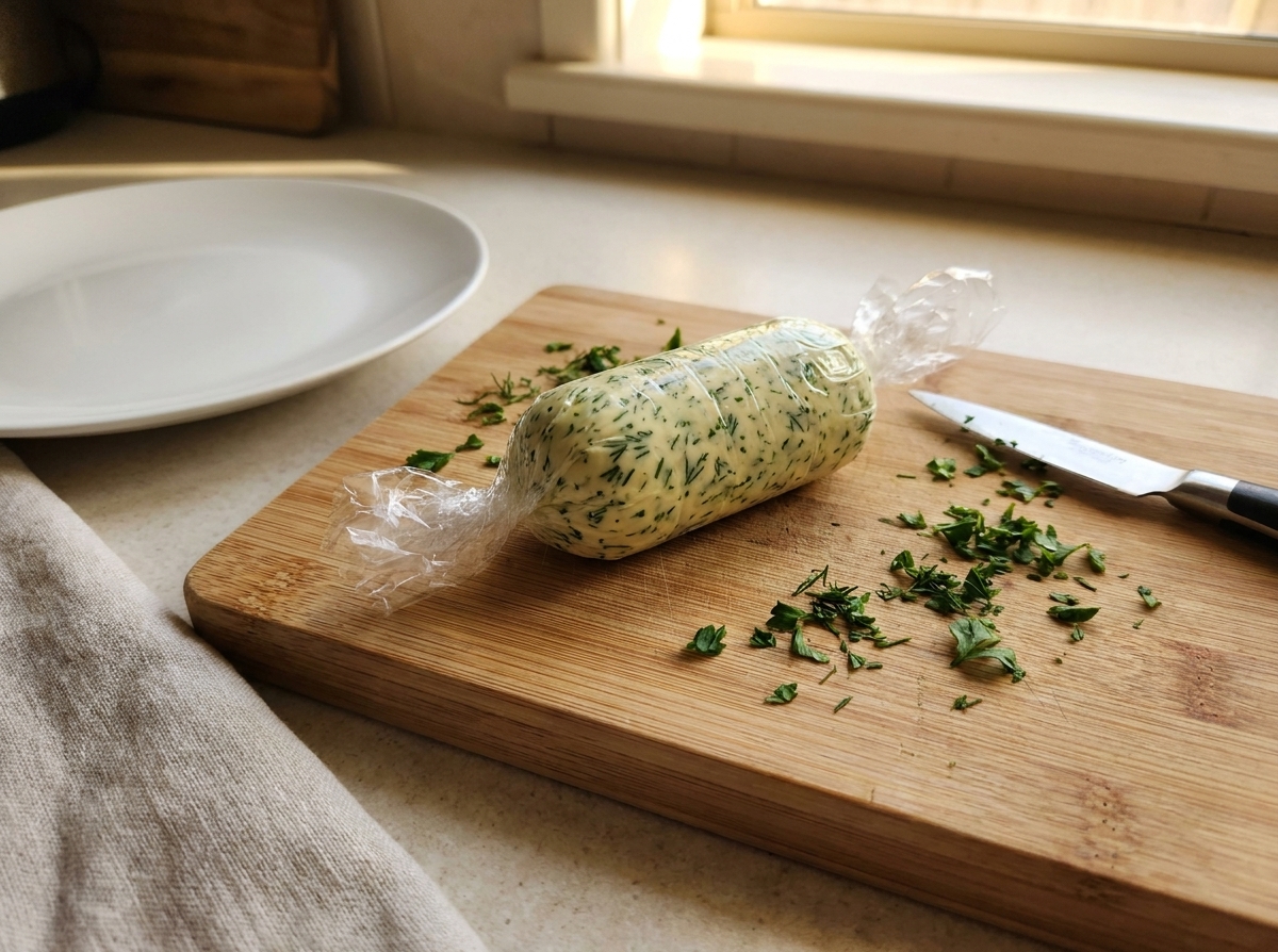 A small log of herb butter wrapped tightly in plastic wrap on a cutting board, with chopped parsley and dill nearby