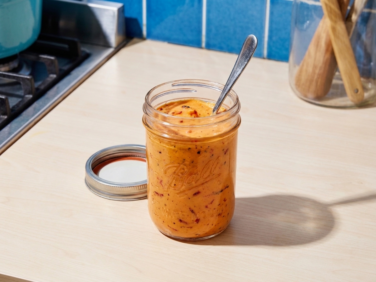 A small mason jar filled with roasted red pepper mayo with the lid set beside it on a clean kitchen counter