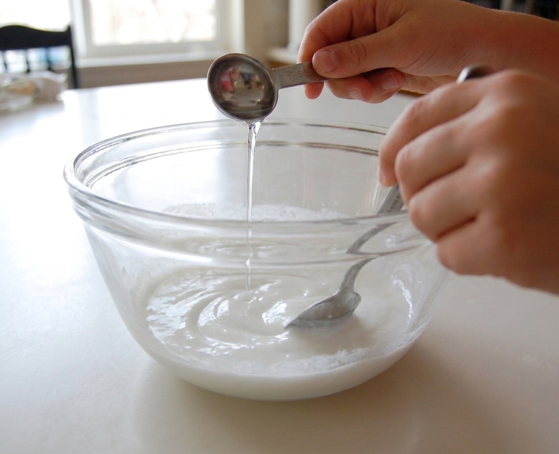 A small measuring spoon pouring clear borax solution into a bowl of glue mixture while someone stirs