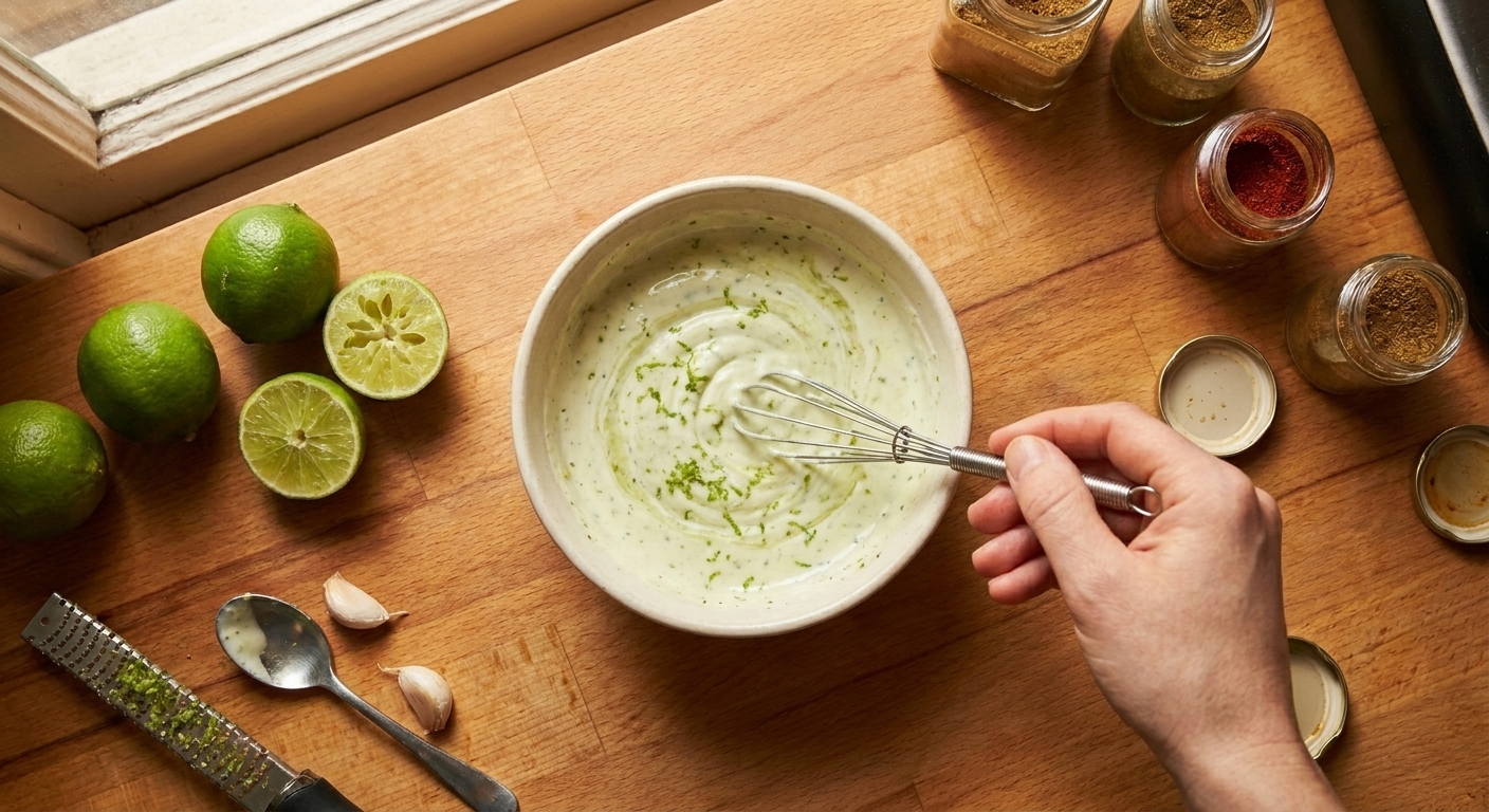 A small mixing bowl with a creamy lime sauce being whisked on a kitchen counter, with limes and a spoon nearby