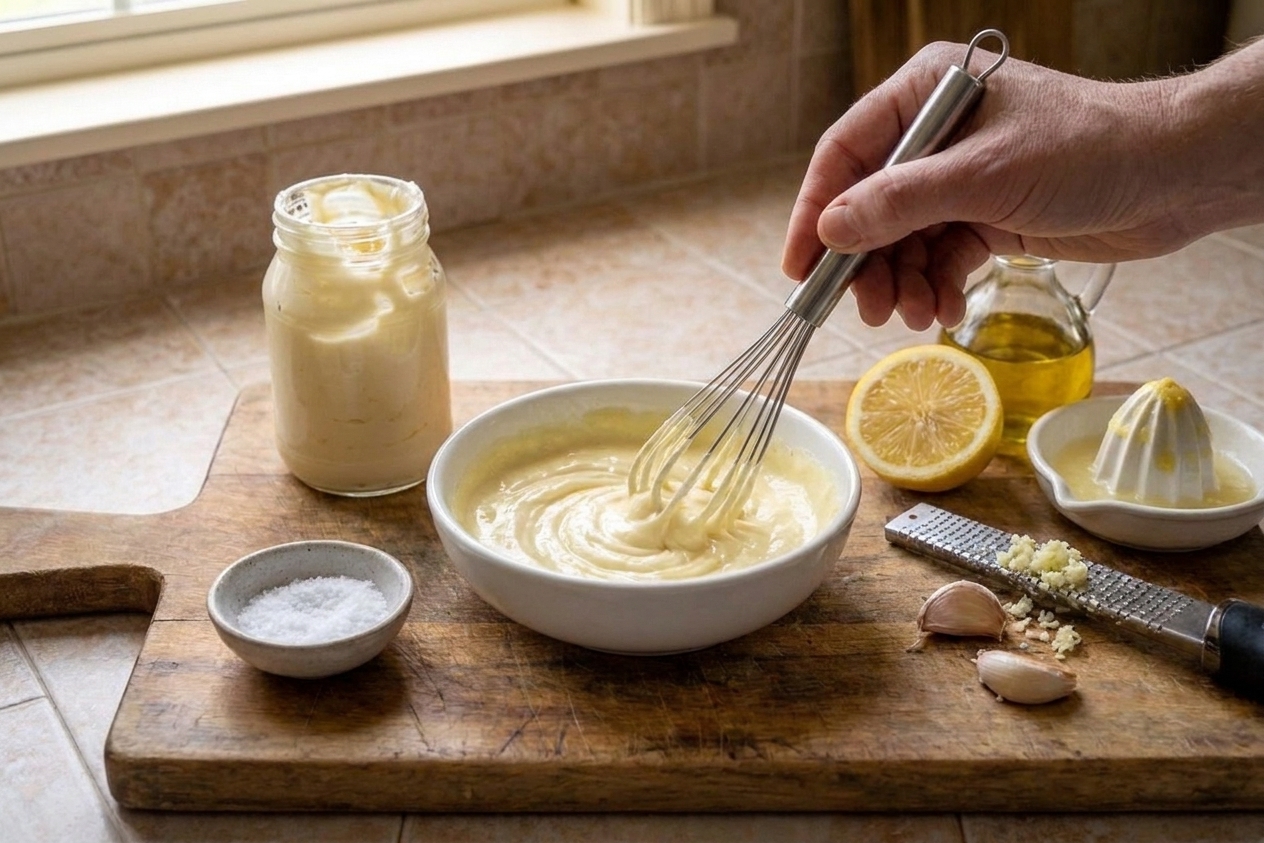 A small mixing bowl with mayonnaise, grated garlic, lemon juice, and salt being stirred into a quick aioli on a kitchen counter