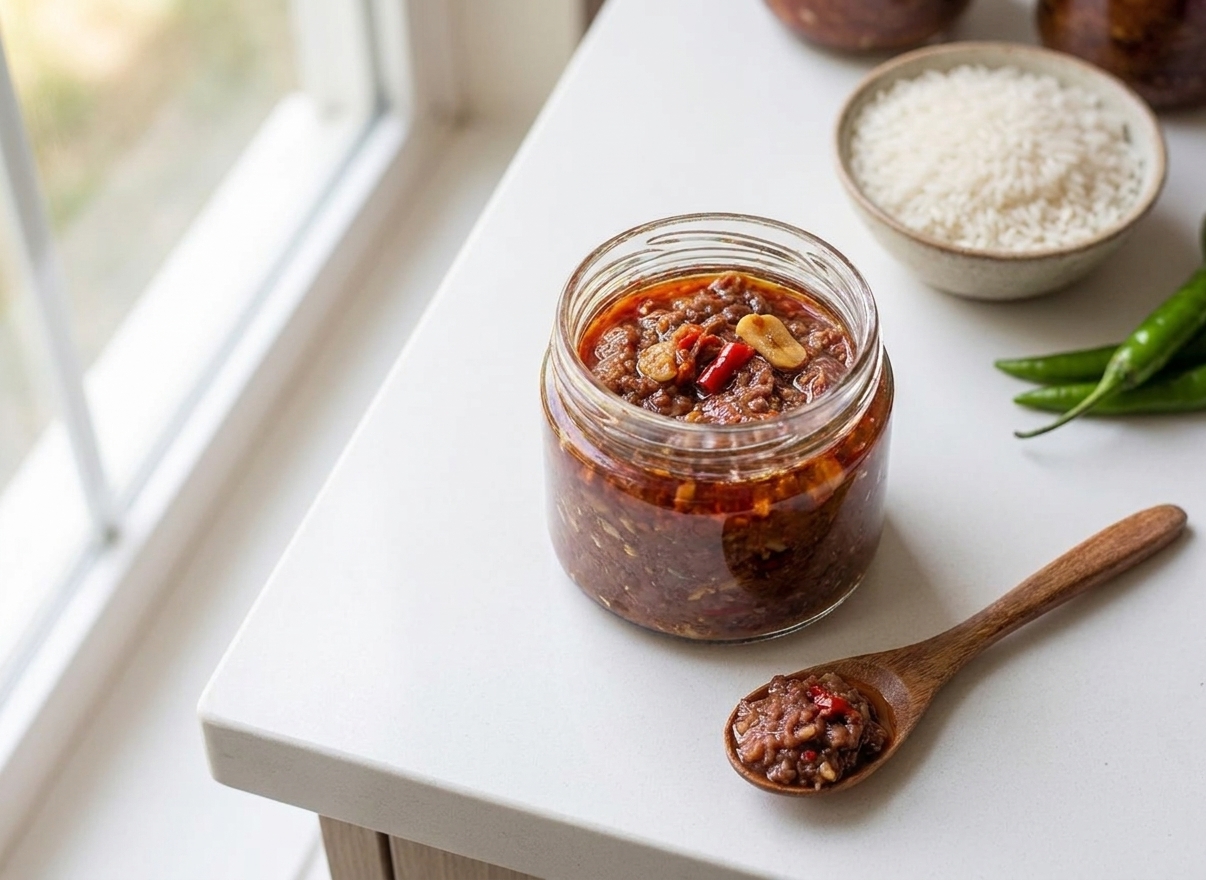 A small open jar of bagoong alamang on a kitchen counter with a spoon beside it