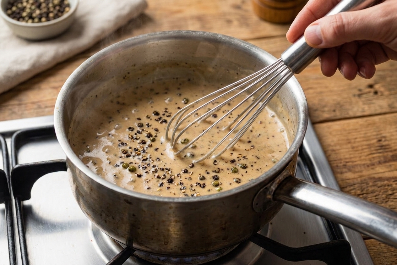 A small pan of creamy peppercorn sauce being whisked over low heat, with cracked pepper visible throughout