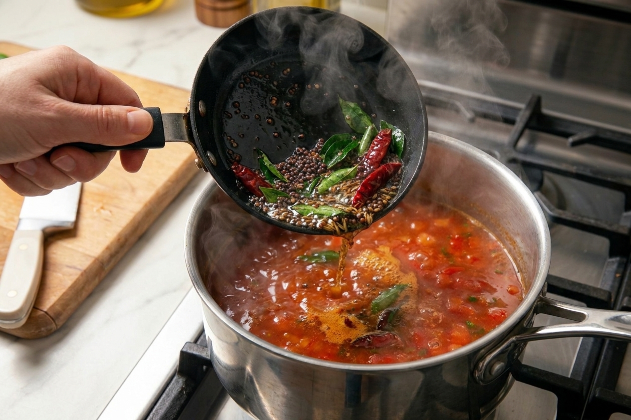 A small pan of sizzling mustard seeds and curry leaves being poured into a pot of simmering tomato rasam on a stovetop