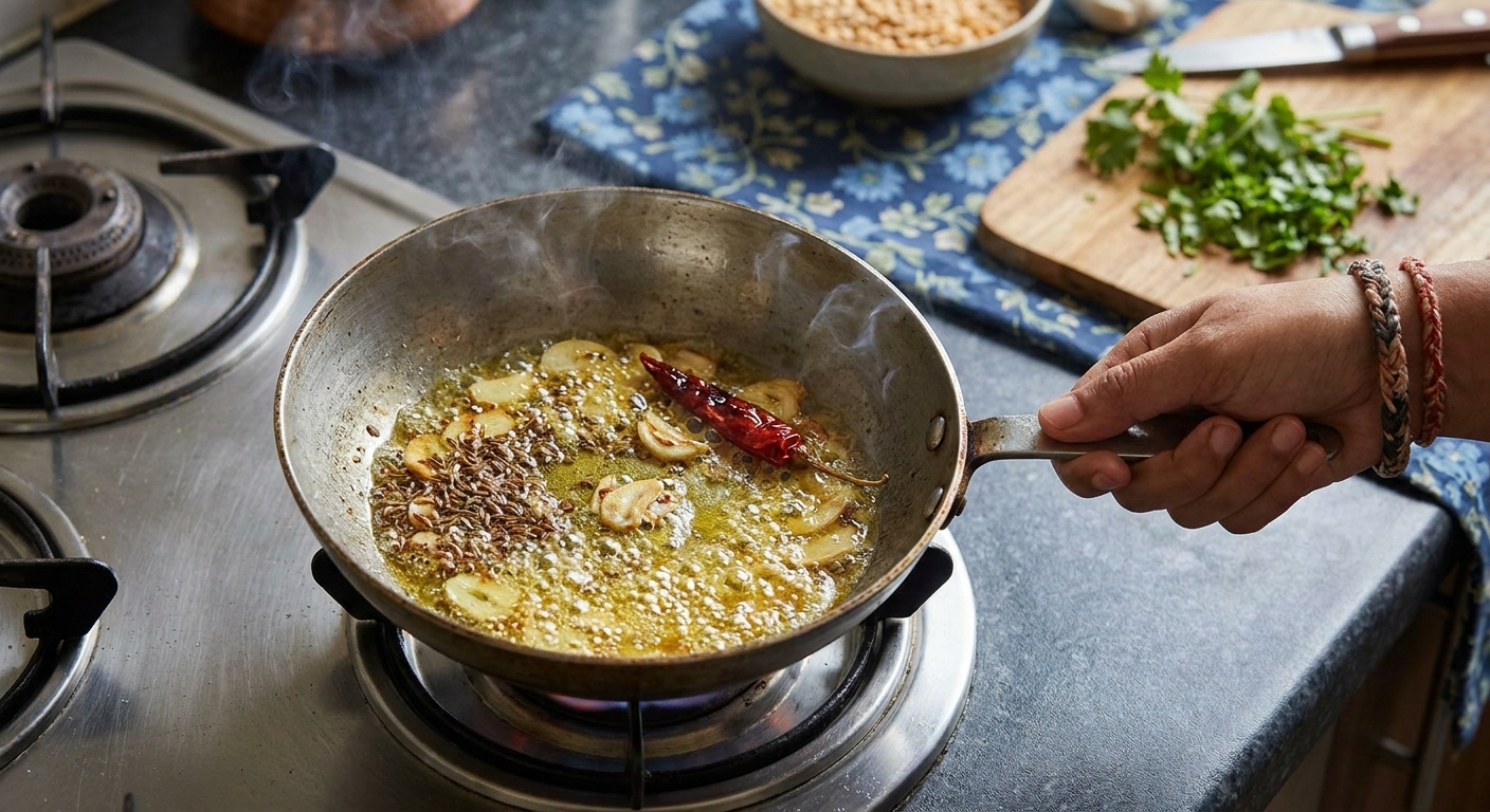 A small pan on the stovetop with ghee bubbling around cumin seeds, sliced garlic, and a red chili as the temper blooms