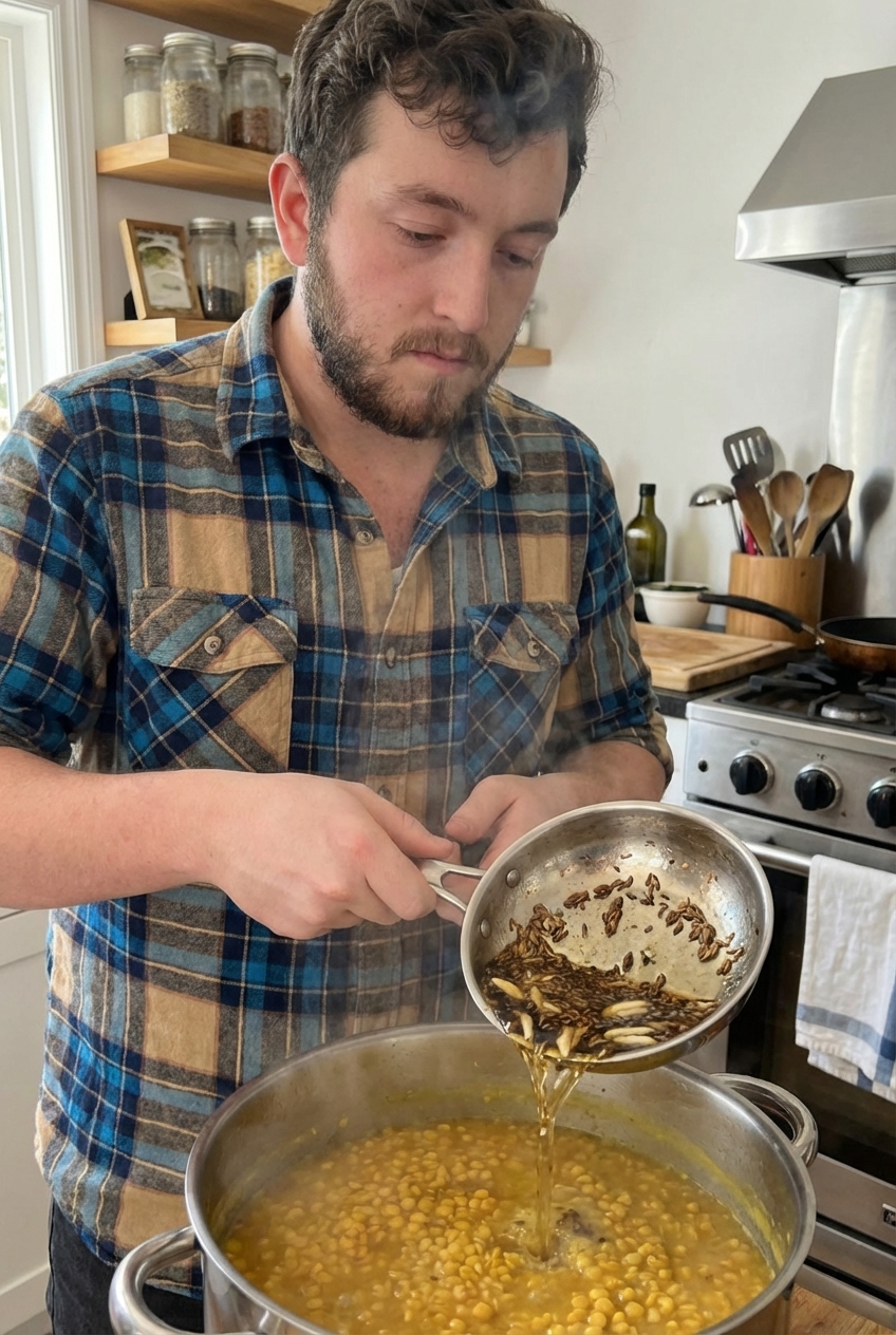 A small pan pouring sizzling cumin and garlic tadka over a pot of simmered lentils